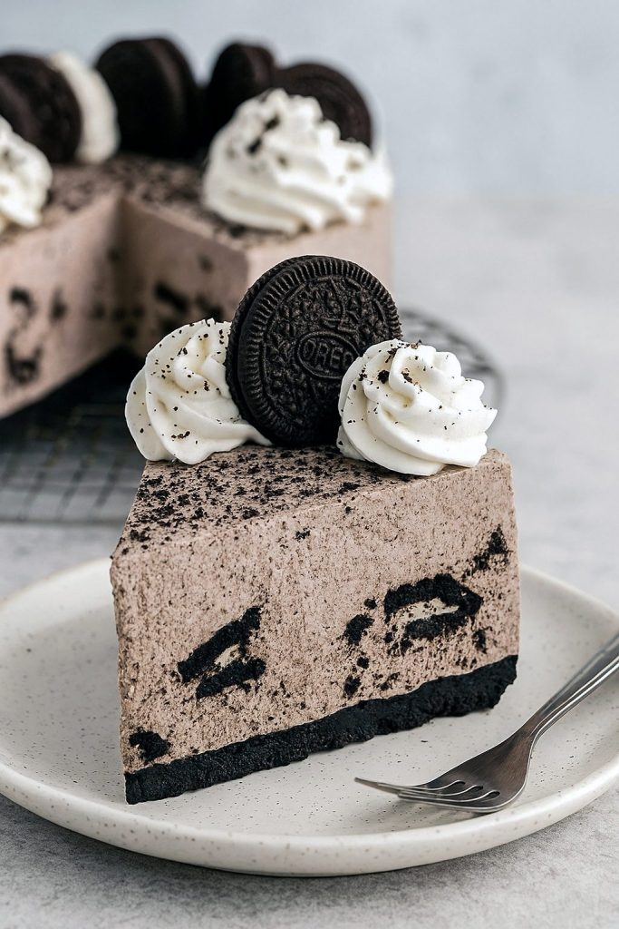 A creamy, no-bake Oreo cheesecake with a thick Oreo crust, topped with whipped cream and Oreo cookie halves, sliced to reveal the smooth filling studded with cookie bits.