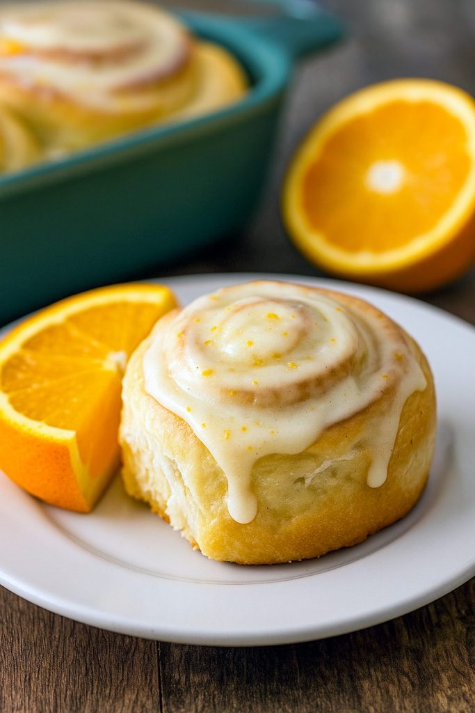 Close-up of a glossy, orange-glazed Sweet Roll spiral on a white plate, showcasing vibrant citrus zest and fluffy layers.