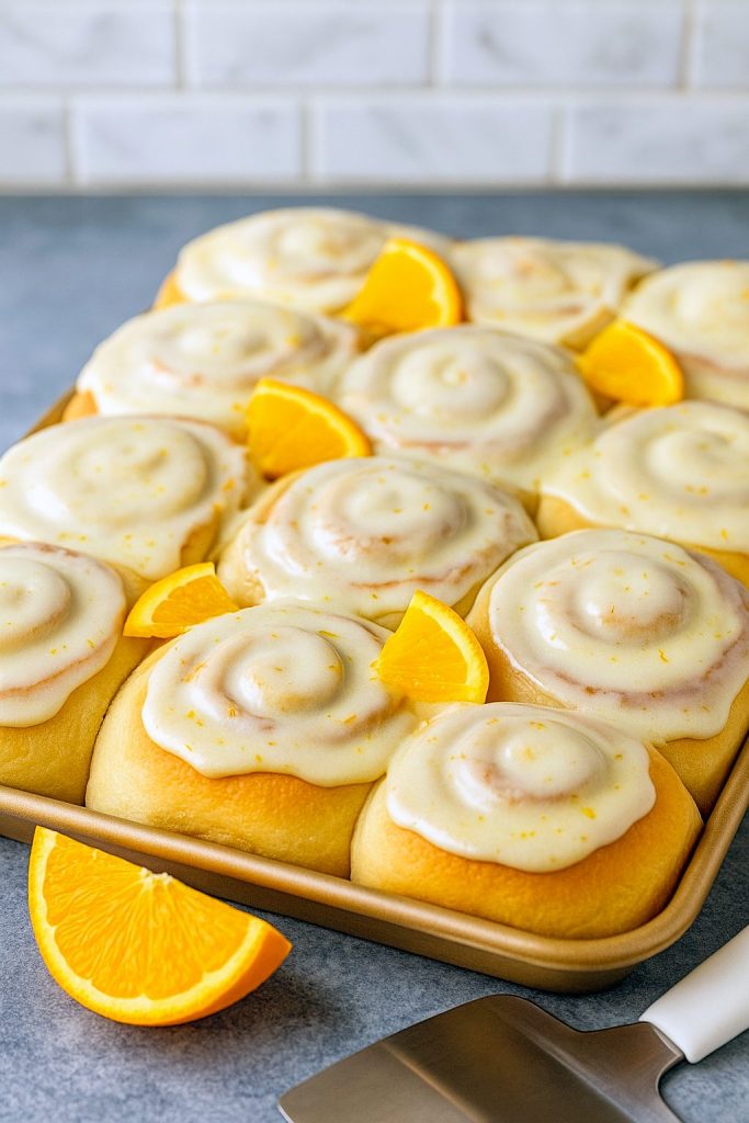Close-up of a glossy, orange-glazed Sweet Roll spiral on a white plate, showcasing vibrant citrus zest and fluffy layers.
