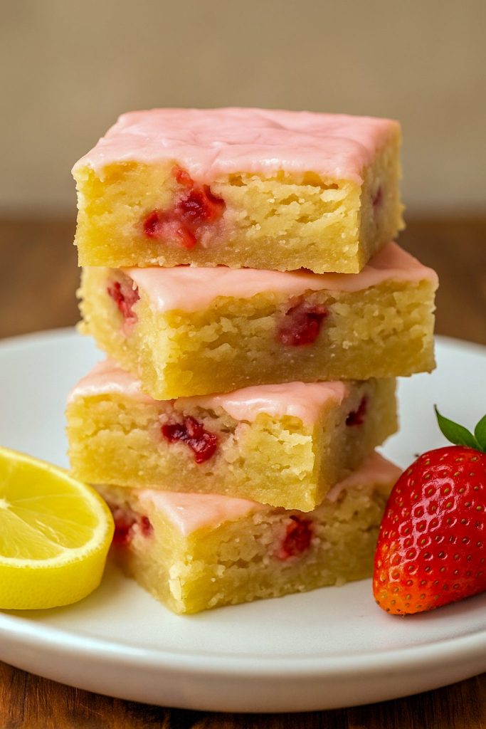 Two rosy-pink strawberry lemon blondie squares stacked, revealing the soft, moist interior studded with juicy berry bits and finished with a glossy citrus glaze.
