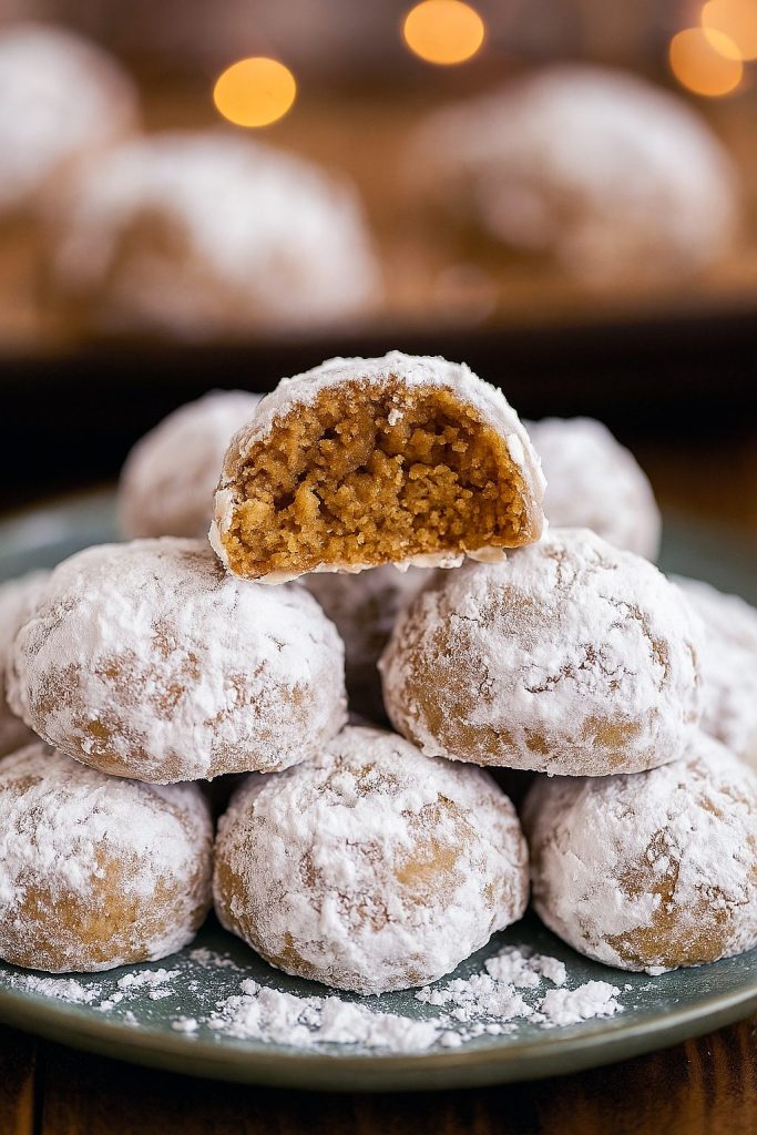 Close-up of powdered sugar-dusted gingerbread snowball cookie on a white plate, evoking festive Christmas Cookies Gingerbread, ready to complement Christmas Casserole Recipes and other Easy Xmas Desserts.