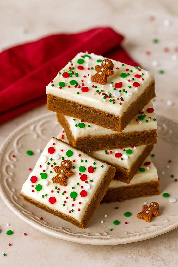 Frosted gingerbread bars on a holiday platter, topped with tiny gingerbread cookies and sprinkles, ready to serve.