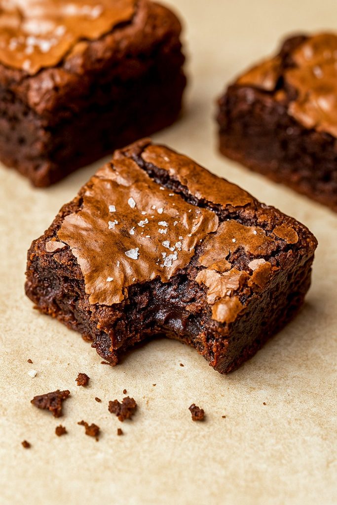 Close-up of shiny, crackly brownies stacked to highlight the fudgy center of Gooey Fudge Brownies, showcasing the deep color from the Best Brownie Recipe With Cocoa Powder.