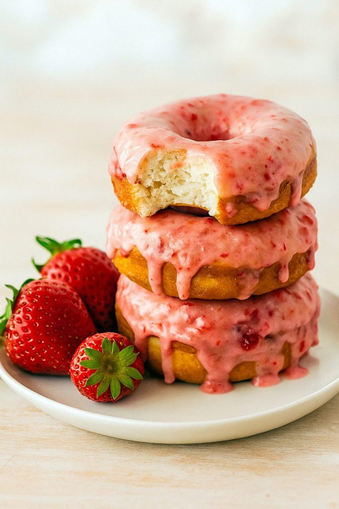 Freshly baked ring-shaped doughnuts coated in bright pink strawberry glaze, cooling on a wire rack and sprinkled with chopped strawberries.
