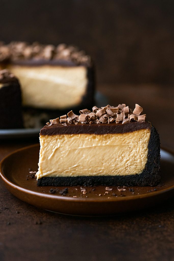 A slice of creamy coffee-infused cheesecake with an Oreo crust and chocolate ganache topping, served on a white dessert plate.