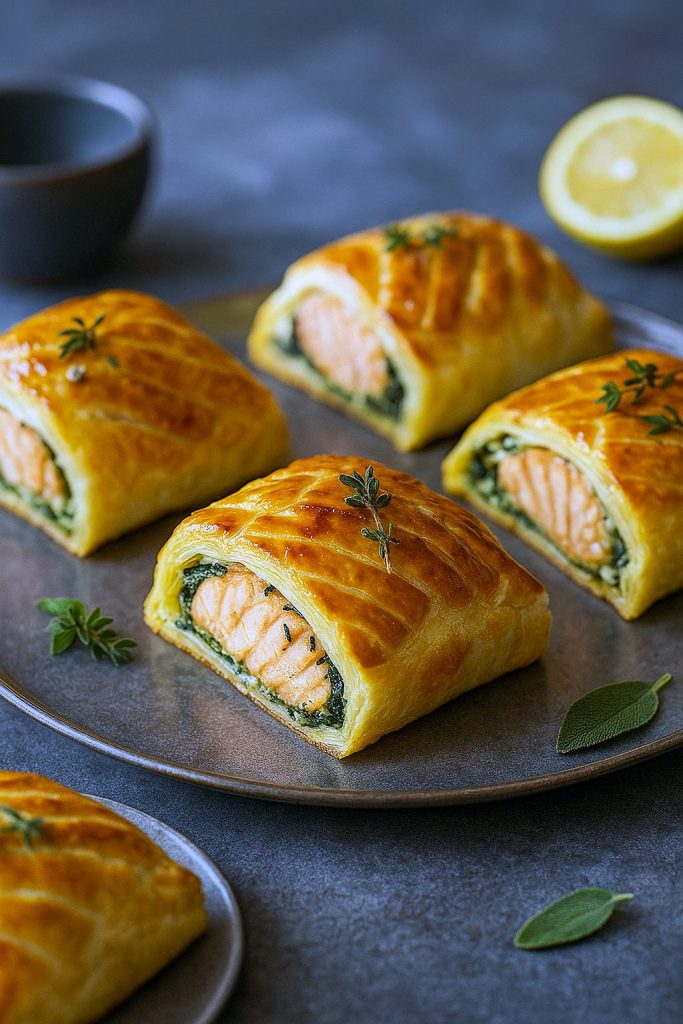 Golden puff pastry parcel sliced open to reveal pink, flaky salmon topped with wilted spinach and crumbled feta, garnished with lemon wedges and fresh herbs on a white plate.