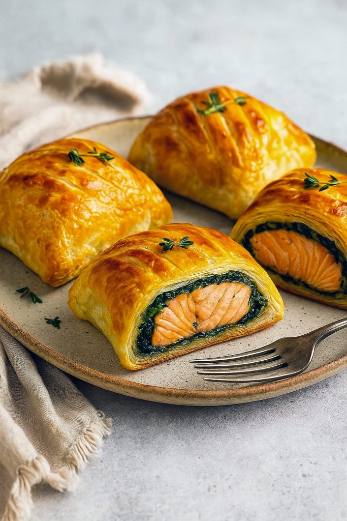 Golden puff pastry parcel sliced open to reveal pink, flaky salmon topped with wilted spinach and crumbled feta, garnished with lemon wedges and fresh herbs on a white plate.
