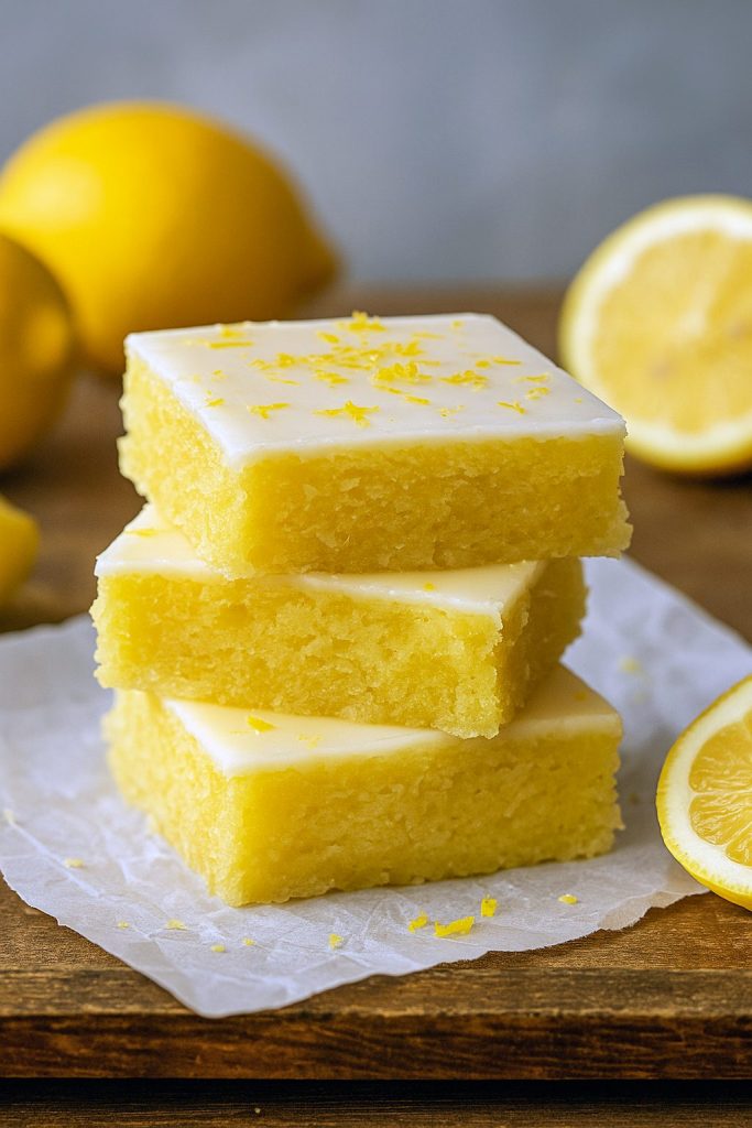 A stack of bright yellow Lemon Blondie Brownies showing moist, fudgy interiors and shiny Lemon Bars With Lemon Glaze, styled to mimic White Chocolate Lemon Brownies with drips like Lemon Brownies With White Chocolate, evoking Lemonade & Limoncello Blondies, Deserturi Raw Vegan vibes, alongside a campfire–themed Smores Dessert, surrounded by a handwritten Resep Brownies card and a layered Kek Lapis cake in the background.