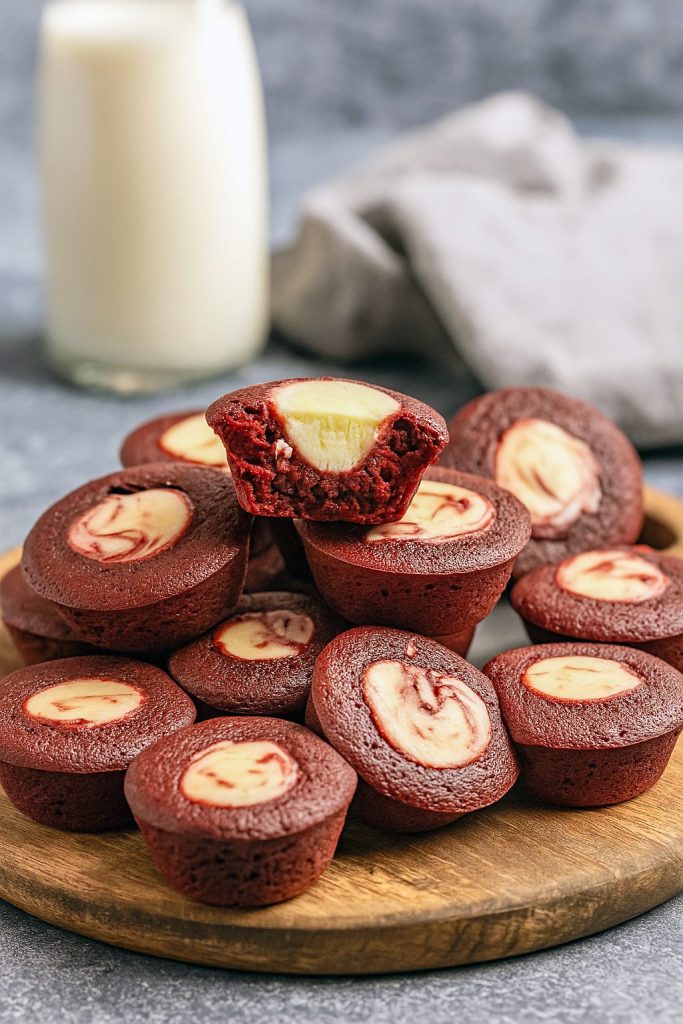 A dozen bite-size red velvet cheesecake cups with creamy white centers arranged on a decorative tray, each topped with a swirl of cheesecake filling.