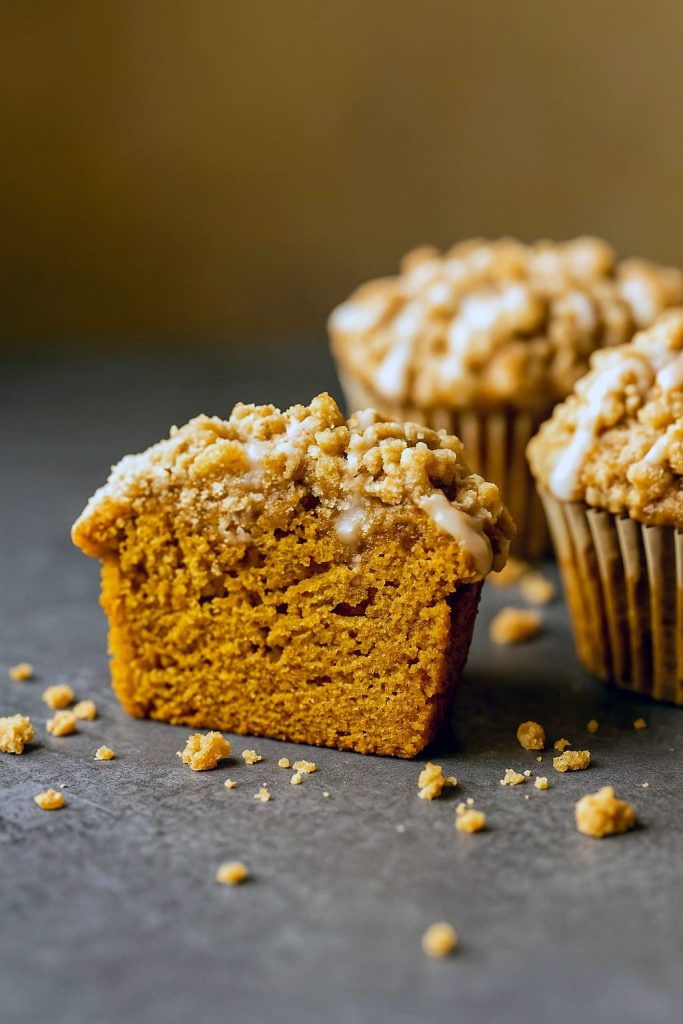 Twelve golden pumpkin crumb cake muffins in a muffin tin, each topped with a crunchy buttery streusel and drizzled with maple glaze.