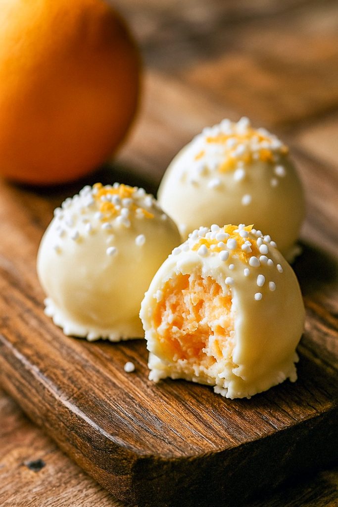 Close-up of vibrant orange-and-white Creamsicle Truffles dusted with powdered sugar, showcasing citrus zest from Orange Baking, smooth white chocolate like gourmet Candy Truffles, and styled for a perfect Truffle Recipe shoot. This shot highlights a platter of homemade Candy Recipes Homemade, evoking nostalgic S'mores moments. The tiny Mini Desserts look like elegant Homemade Candies and promise a guilt-free Healthy Dessert experience.