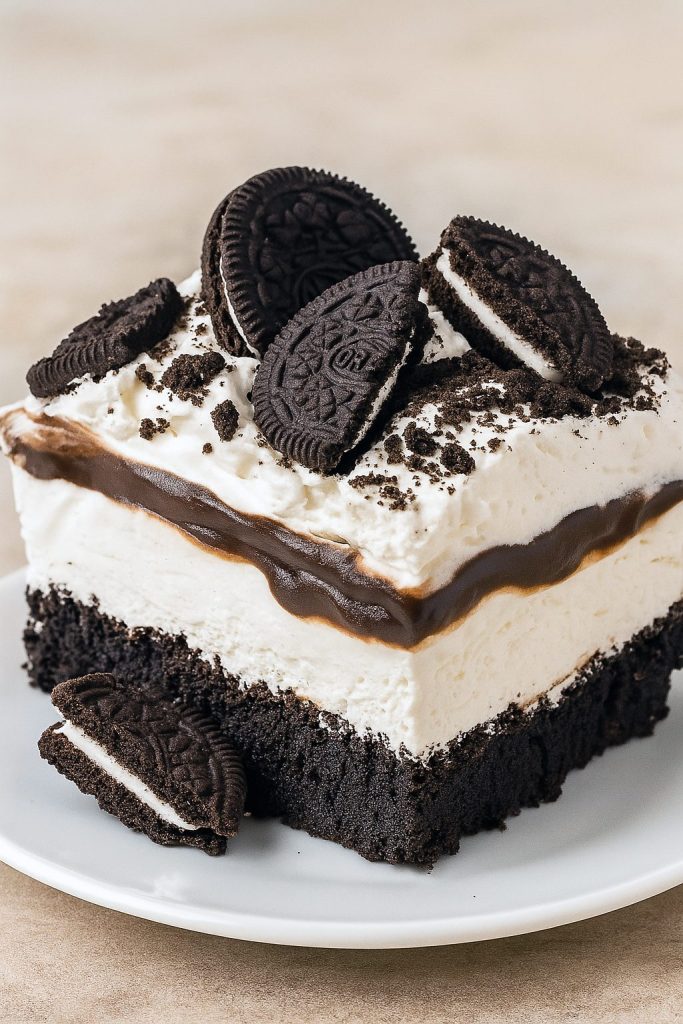 Close-up of chilled Oreo bars with a whipped topping, cookie crumb sprinkle and chocolate drizzle — a Striped Delight that gives major Dirt Pudding For A Crowd vibes, like an elevated Ding Dong Dessert crossed with a nostalgic Dirty Dessert.