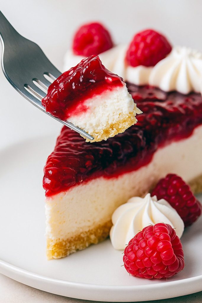 Close-up of a chilled pie slice in a buttery Biscuits Graham crust, showing the creamy filling and jewel-red raspberry topping—an elegant Dessert Aux Fruits plate presentation for lovers of classic Cheese Pies.
