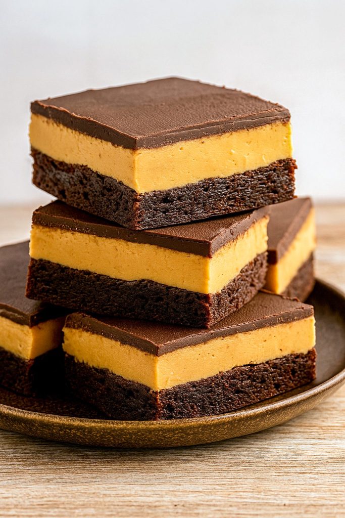 Close-up of Buckeye Brownies With Peanut Butter Frosting showcasing a stack of rich Buckeye Brownies with a sprinkle of pretzel pieces hinting at an Easy Peanut Butter Buckeye Recipe With Pretzels.
