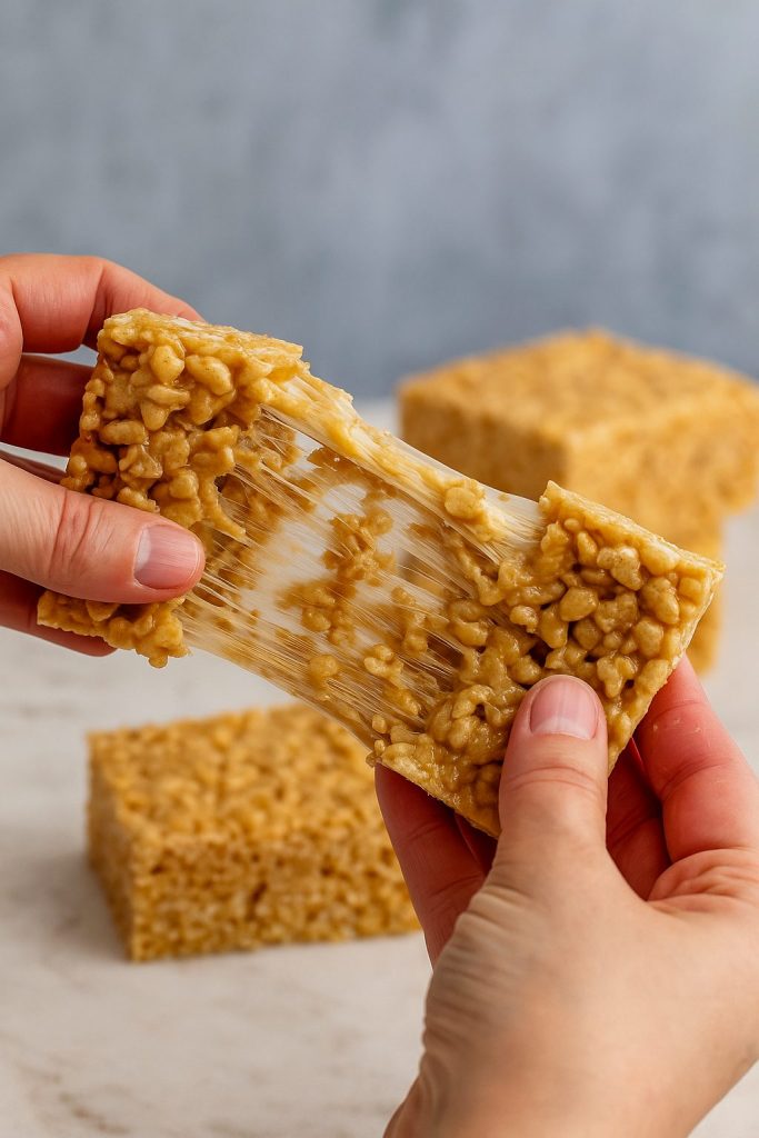 Freshly cut squares of Peanut Butter Rice Crispies, showcasing the gooey interior of these Peanut Butter Rice Krispie Treats drizzled with melted butter.