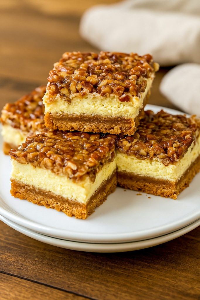 Golden-hued Pecan Pie Cheesecake Bars arranged on a serving platter, each square showcasing rich layers of cheesecake and pecan pie topping—an unexpected Coconut Dessert twist for a fresh take on classic flavors.