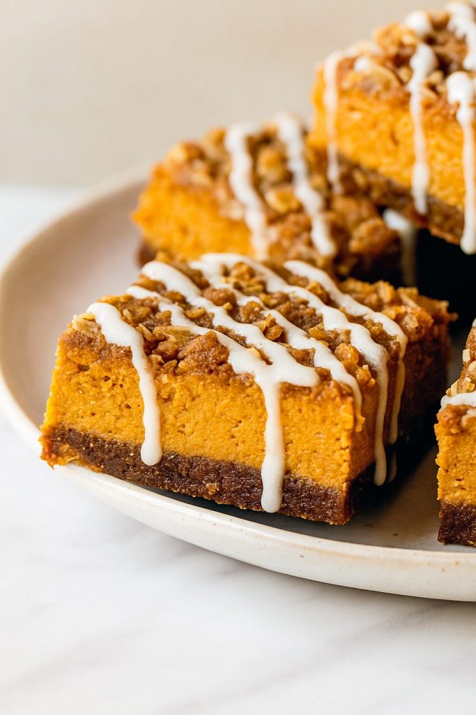 Overhead shot of a pan cut into Pumpkin Cheesecake Streusel Bars, each slice the texture of a mini Pumpkin Cheesecake Streusel Pie with a crisp gingersnap base reminiscent of Gingersnap Pumpkin Pie Bars or Pumpkin Pie Slab Bars, topped with a crumbly Streusel Bars layer, finished with a drizzle of Desserts Nutella, hinting at lighter Weight Watcher Desserts options, perfect as a play on Smores Dessert, packed full of Pumpkin Bars With Pumpkin Pie Spice flavor.