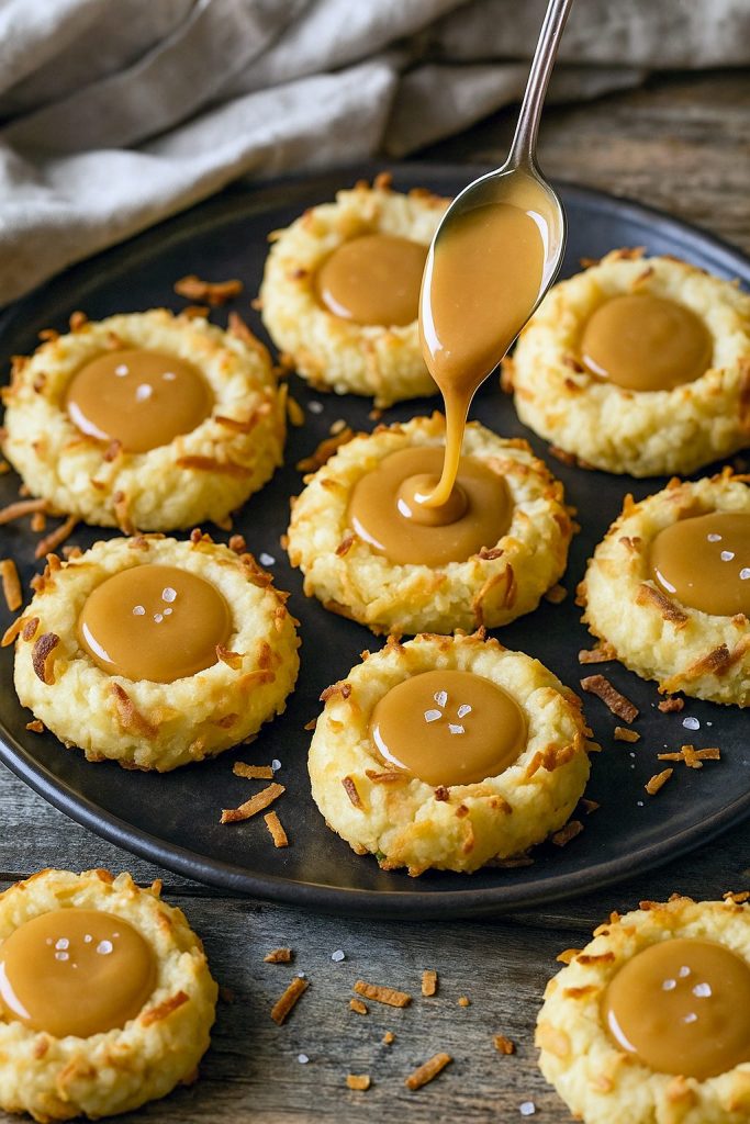 Plate of Thumbprint Cookies coated in coconut, topped with rich Coconut Caramel filling, evoking the creaminess of a Budino Recipe and the texture of a Culinary Hill Pizzelle, showcasing a Thumbprint Cookies Recipe that yields the best Caramel Cookies. These Coconut Cookies are Delicious Cookie Recipes brought to life, perfect for Cooking Classy treats.