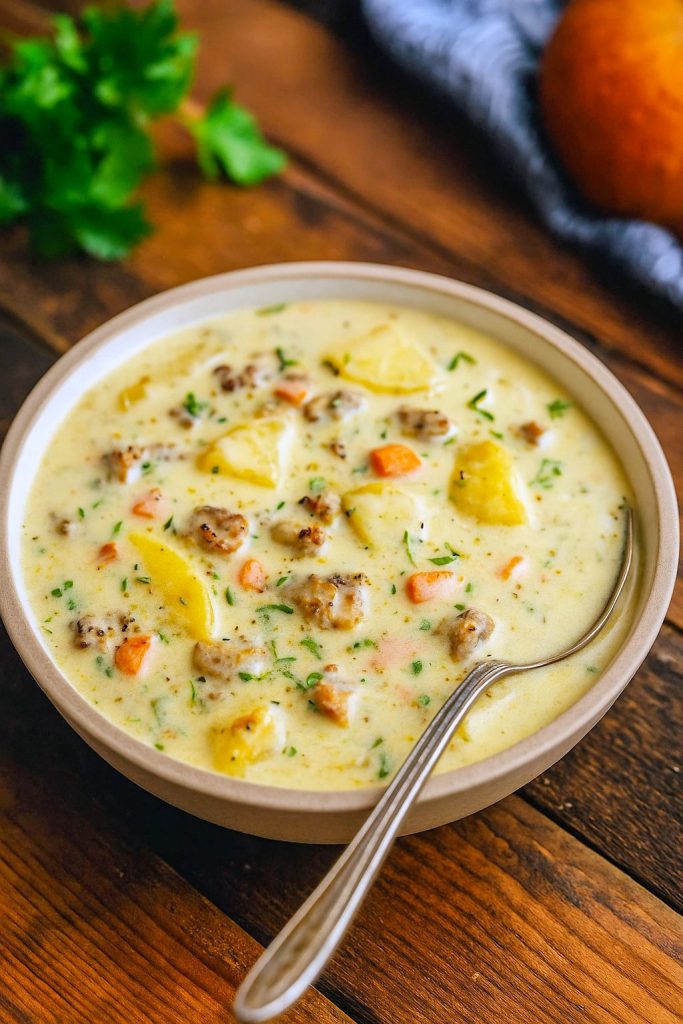 Hearty sausage and potato soup in a rustic bowl, garnished with parsley, showcasing tender potatoes and savory sausage in a creamy broth; the ultimate cozy winter meal.