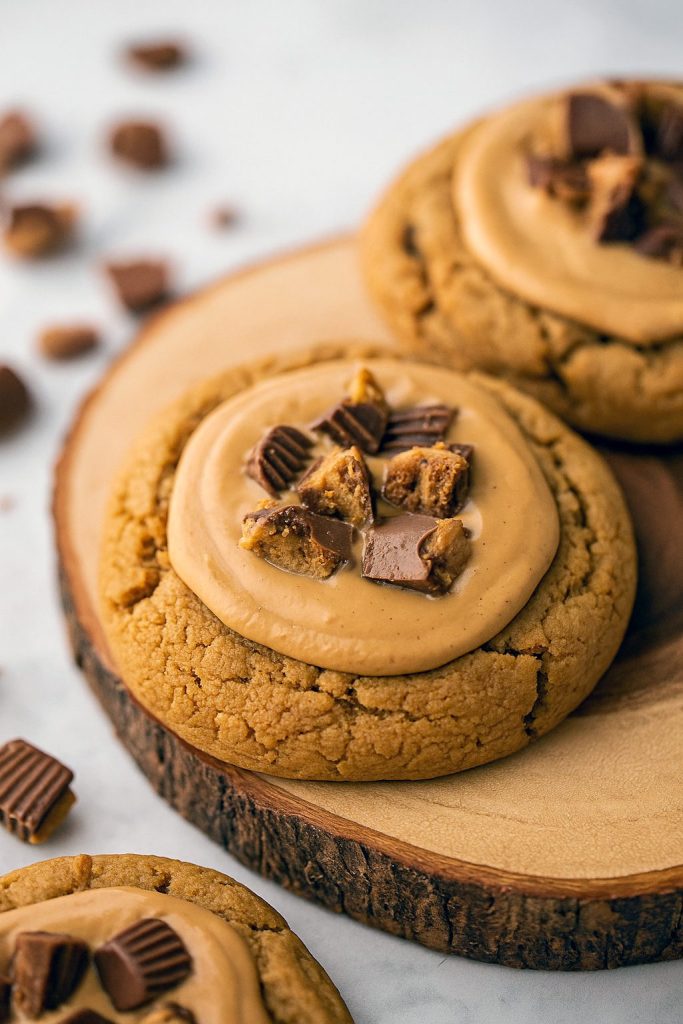 A rustic wooden board piled high with thick, chewy peanut butter cookies overflowing with chopped Reese’s peanut butter cups and drizzled with melted peanut butter chips.