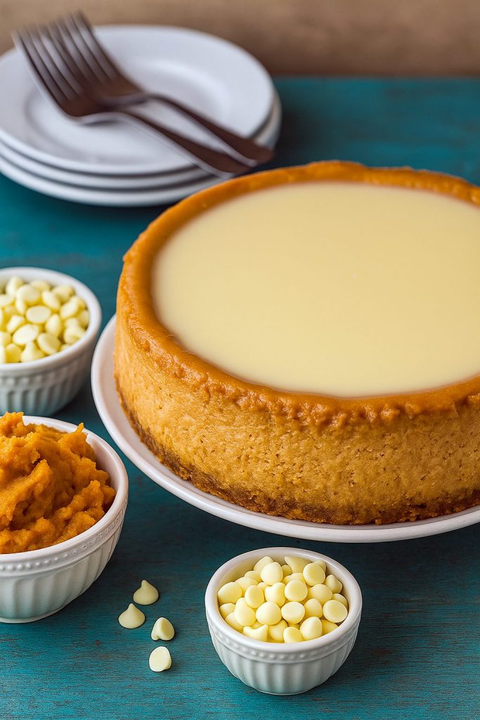 A slice of white chocolate pumpkin cheesecake with glossy white chocolate glaze and whipped cream, garnished with toasted pumpkin seeds on a rustic plate.