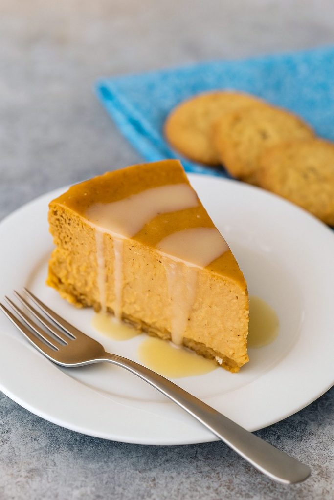 A slice of white chocolate pumpkin cheesecake with glossy white chocolate glaze and whipped cream, garnished with toasted pumpkin seeds on a rustic plate.