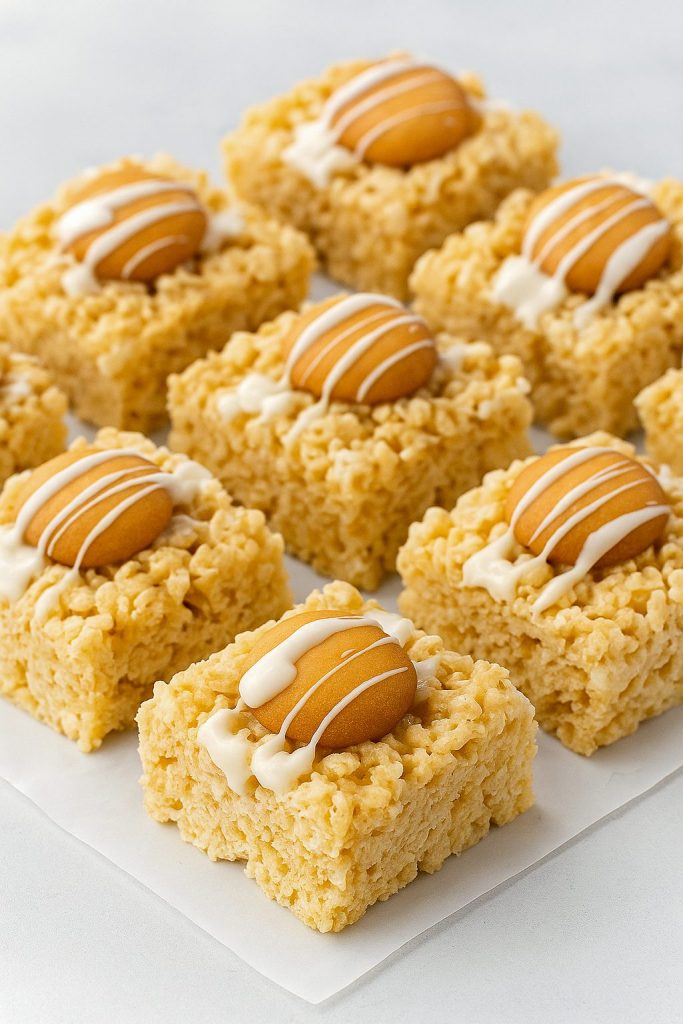 A close-up of gooey Banana Pudding Rice Krispy Treat bars topped with vanilla wafers, made using a Rice Krispie Treats With Banana Pudding Recipe, showing layers of crispy cereal and rich banana flavor—this Banana Pudding Rice Krispie Treats Recipe is easy to make and full of flavor. These Rice Krispie Treats With Banana Pudding are ideal for sweet tooth cravings, and the Banana Pudding Rice Krispie Treats are topped with a drizzle of white chocolate for an extra treat.