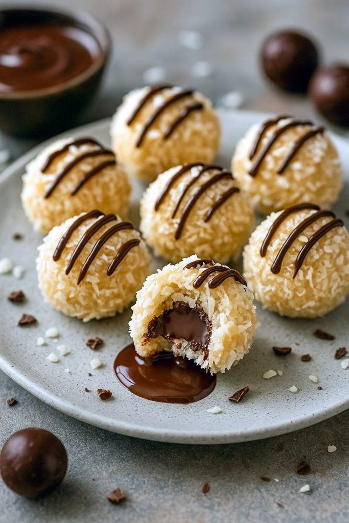 Round Chocolate And Coconut Balls with a glossy chocolate drizzle, arranged on parchment—perfect as Quick Coconut Desserts, party Easy Candies, or elegant Confectionery Recipes like Dark Chocolate Coconut Truffles with a Chocolate Truffles With Coconut Coating look.