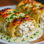 A baking dish filled with golden‑baked chicken Alfredo lasagna rolls, oozing melted mozzarella and garnished with fresh parsley.