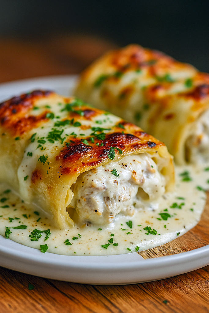 A baking dish filled with golden‑baked chicken Alfredo lasagna rolls, oozing melted mozzarella and garnished with fresh parsley.