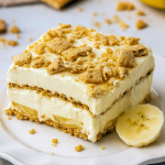A decadent tray of layered Banana Lush dessert featuring creamy banana‑pudding filling between graham cracker sheets, topped with crushed crumbs, showcasing a luscious Banana Pudding Lush perfect as a No Bake Banana Cream Dessert or Banana Lasagna for a crowd.