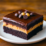 A sliced sheet cake with peanut butter layer and glossy chocolate glaze, cut into squares on a rimmed baking pan.