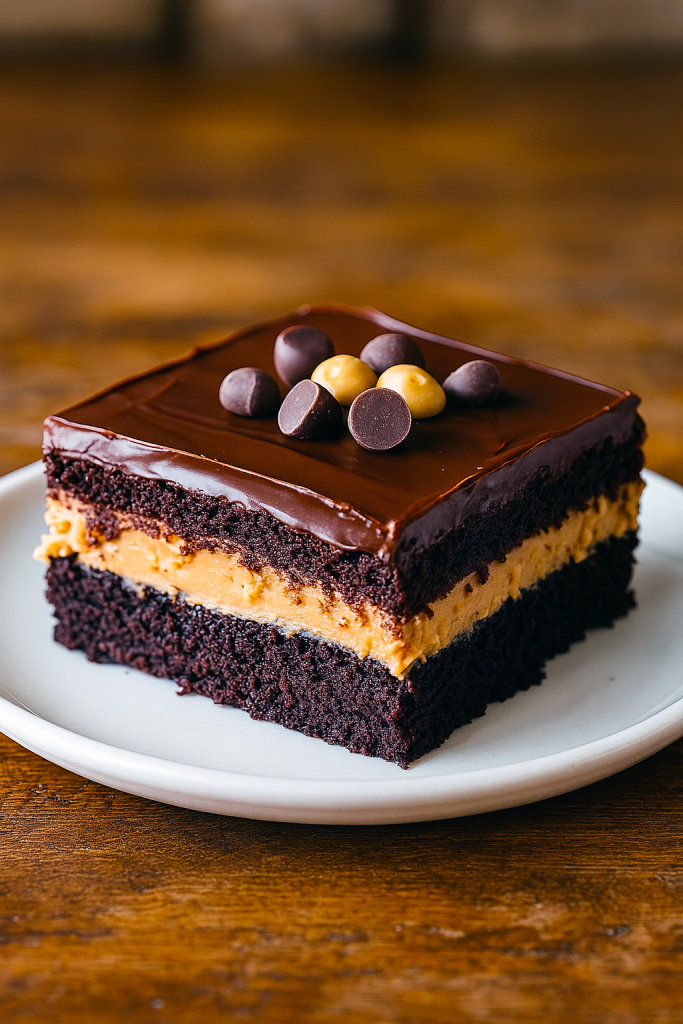 A sliced sheet cake with peanut butter layer and glossy chocolate glaze, cut into squares on a rimmed baking pan.