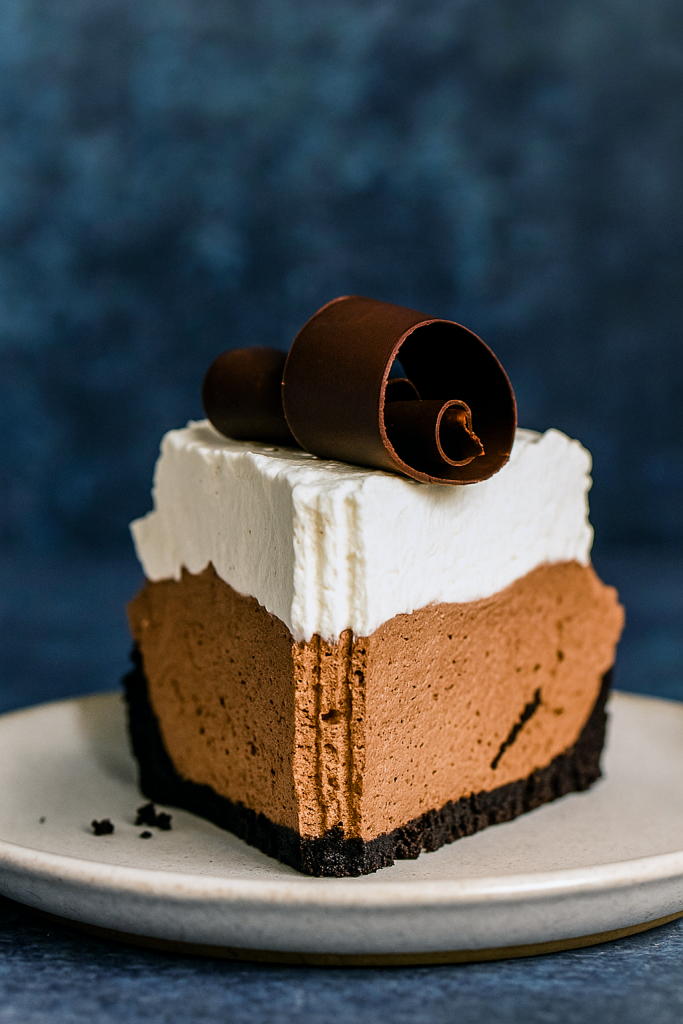 A deep‑dish pie with a dark Oreo crust, filled with smooth chocolate mousse, topped with pillowy whipped cream and chocolate shavings.