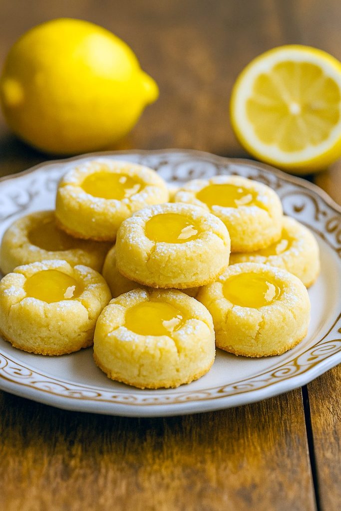Close-up of Lemon Curd Thumbprint Cookies showing a glossy dollop of curd in each indent, featured in our Cookie Recipes Thumbprint collection for the ultimate Lemon Curd Thumbprint Cookies Recipe.