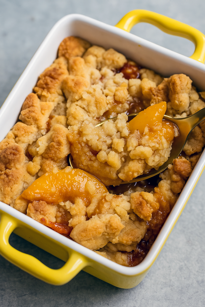 Two individual ramekins filled with bubbling peach cobbler, featuring golden-brown crumble topping and juicy peach slices.