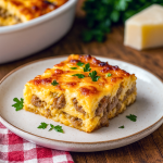 Close-up of a golden-baked casserole packed with crumbled sausage, fluffy eggs, and melted cheese—your ultimate Sausage Egg And Cheese, just as comforting as a Sausage Gravy Omelette, and full of Sausage Breakfast Ideas.