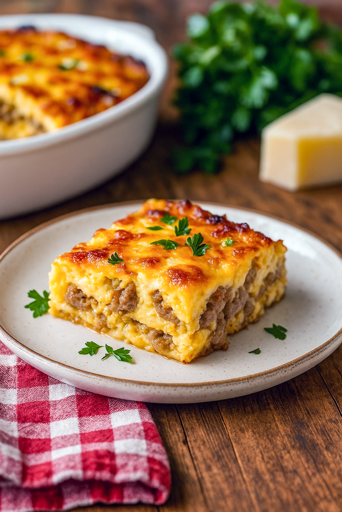 Close-up of a golden-baked casserole packed with crumbled sausage, fluffy eggs, and melted cheese—your ultimate Sausage Egg And Cheese, just as comforting as a Sausage Gravy Omelette, and full of Sausage Breakfast Ideas.