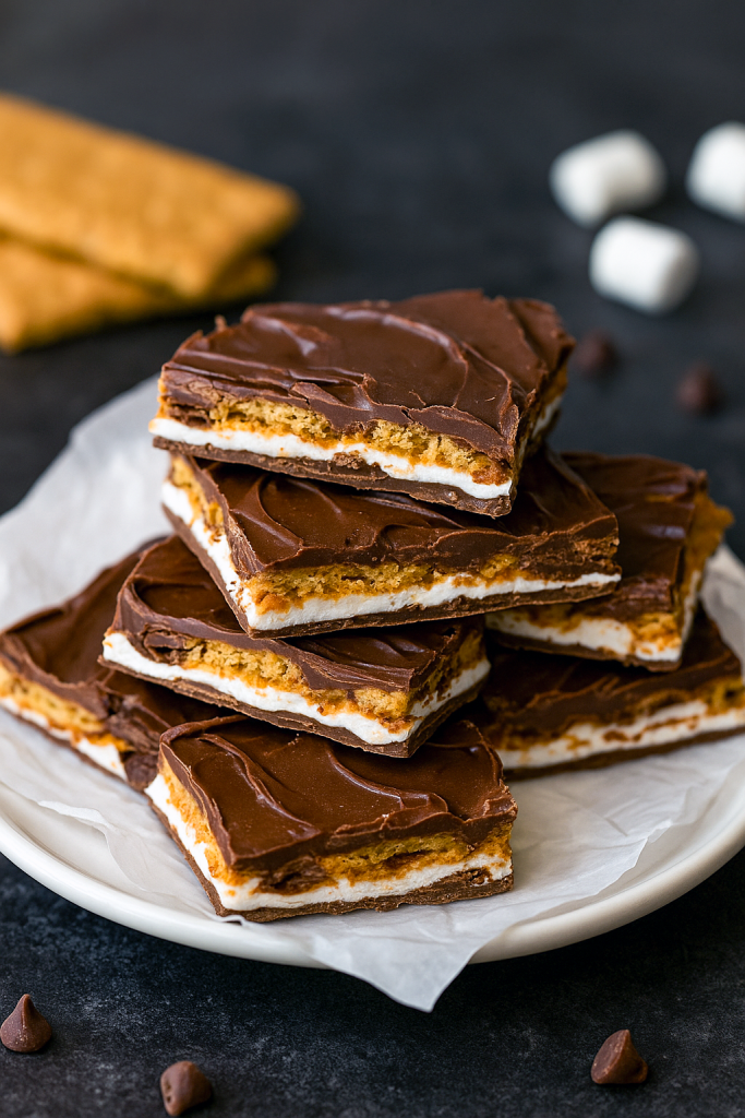 Irregular shards of s’mores bark studded with mini marshmallows, crushed graham crackers, and chocolate flakes on parchment, showcasing a no‑bake treat perfect for sweet snacking.