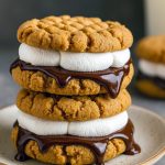 Close-up of a gooey peanut butter cookie sandwich filled with marshmallow fluff and drizzled with melted chocolate and warm peanut butter, resting on parchment paper.