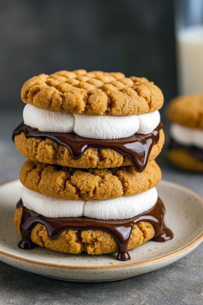 Close-up of a gooey peanut butter cookie sandwich filled with marshmallow fluff and drizzled with melted chocolate and warm peanut butter, resting on parchment paper.