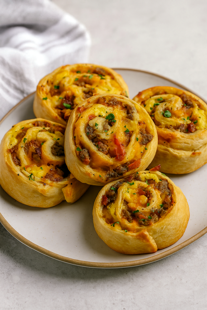 A wooden board piled with golden, crescent‑dough breakfast rolls stuffed with eggs, sausage, bacon, and cheese—an Easy Breakfast Platter that doubles as Quick Easy On The Go Breakfast, a festive Thanksgiving Breakfast Board, Brunch To Go Ideas, Breakfast Party Finger Foods, Make Ahead Grab And Go Breakfast, Breakfast Ideas For Working Men, Group Breakfast Ideas Make Ahead, and Filling Breakfast Ideas On The Go.