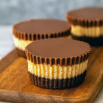 A close‑up of a single mini cheesecake in a cupcake liner, showcasing a chocolate graham cracker crust, creamy peanut butter filling, and a shiny chocolate drizzle on top.