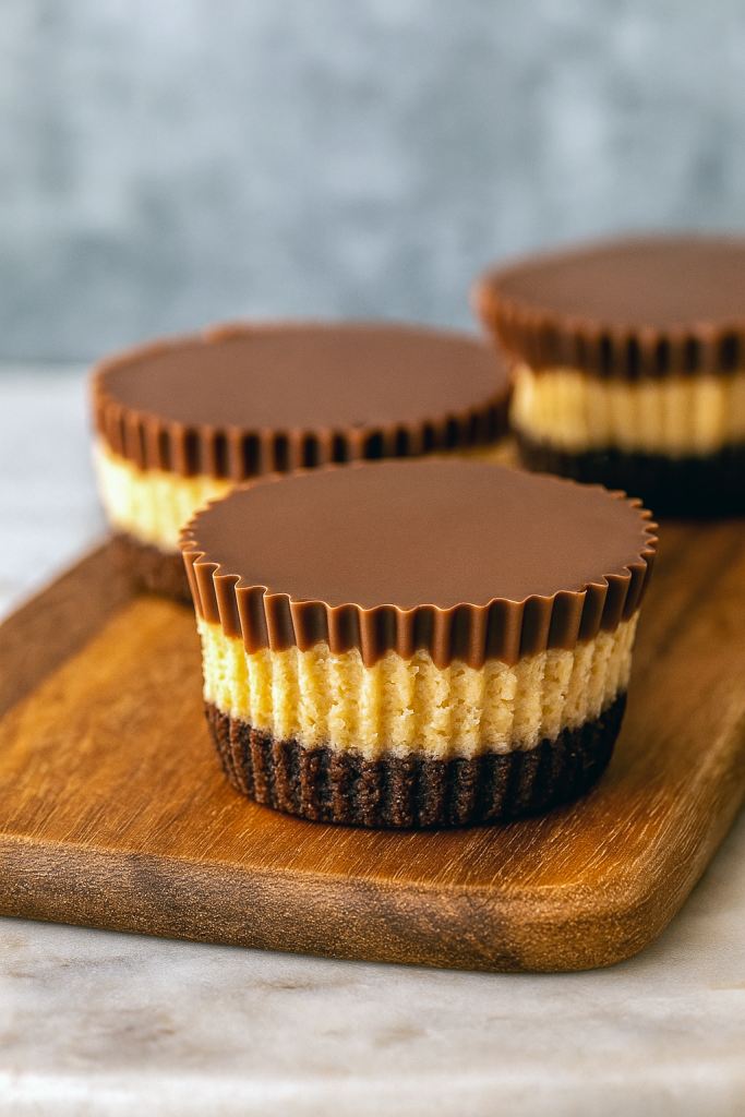 A close‑up of a single mini cheesecake in a cupcake liner, showcasing a chocolate graham cracker crust, creamy peanut butter filling, and a shiny chocolate drizzle on top.