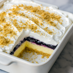 Close‑up of a no‑bake dessert cup showing a golden graham cracker crust, creamy lemon layer, and glossy blueberry topping crowned with whipped cream.