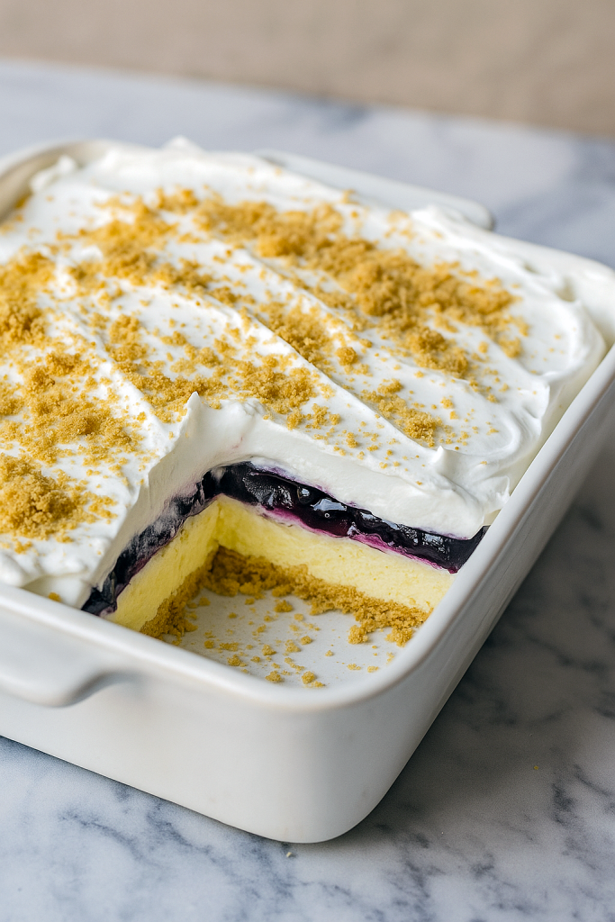 Close‑up of a no‑bake dessert cup showing a golden graham cracker crust, creamy lemon layer, and glossy blueberry topping crowned with whipped cream.