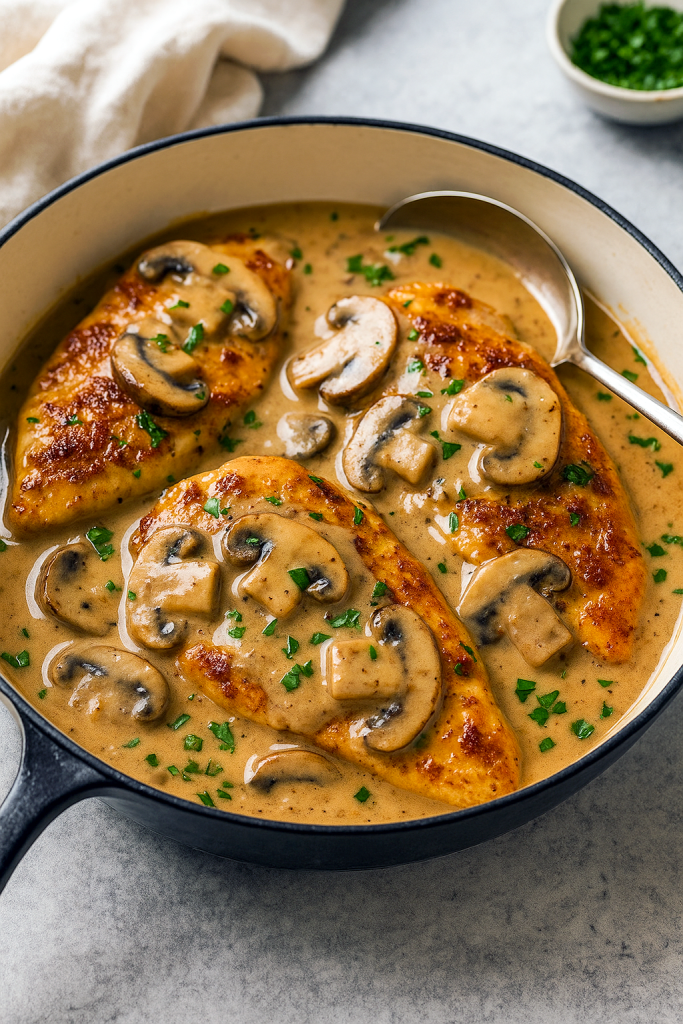 Golden pan-seared chicken breasts in a rich, creamy mushroom herb sauce — an easy one-pan dinner perfect for anyone searching Easy Chicken And Mushrooms, Creamy Chicken And Mushroom Skillet, and Health Dinner Recipes ideas.