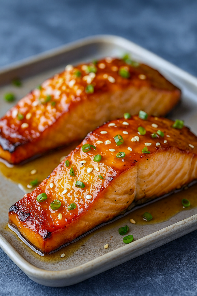 Four flaky salmon fillets glazed with sticky orange teriyaki sauce and sprinkled with sesame seeds and green onions—an Orange Teriyaki Salmon dish that inspires Salmon Meal Ideas Dinners, showcases Teriyaki Salmon Recipes Baked, and highlights bold Salmon Flavors perfect for Salmon Recipe Ideas, from Easy Orange Salmon Recipe to Hawaiian Salmon, Alaskan Salmon Recipes, or even Crockpot Salmon Recipes.