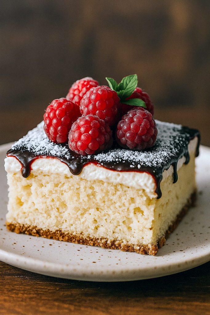 A slice of Raspberry Love Cake showing creamy ricotta custard on the bottom, golden vanilla cake on top, and a glossy chocolate ganache layer covered with fresh raspberries—an elegant example of Light Italian Desserts and Italian Dessert Favorites.