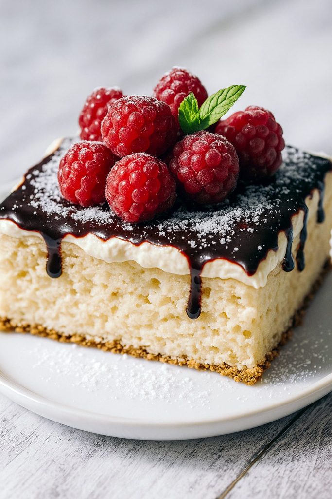 A slice of Raspberry Love Cake showing creamy ricotta custard on the bottom, golden vanilla cake on top, and a glossy chocolate ganache layer covered with fresh raspberries—an elegant example of Light Italian Desserts and Italian Dessert Favorites.